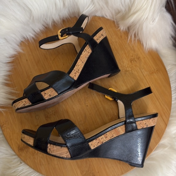 Prada Shoes - Prada | Black Leather Made in Italy Open Toe Strap Cork Wedge Sandals Heels 37.5